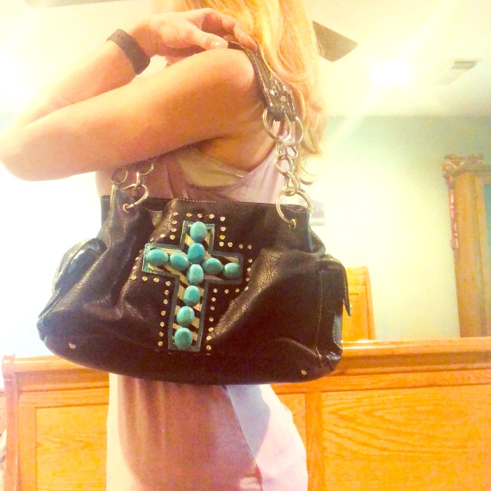 Black purse with blue stone cross & rhinestones
